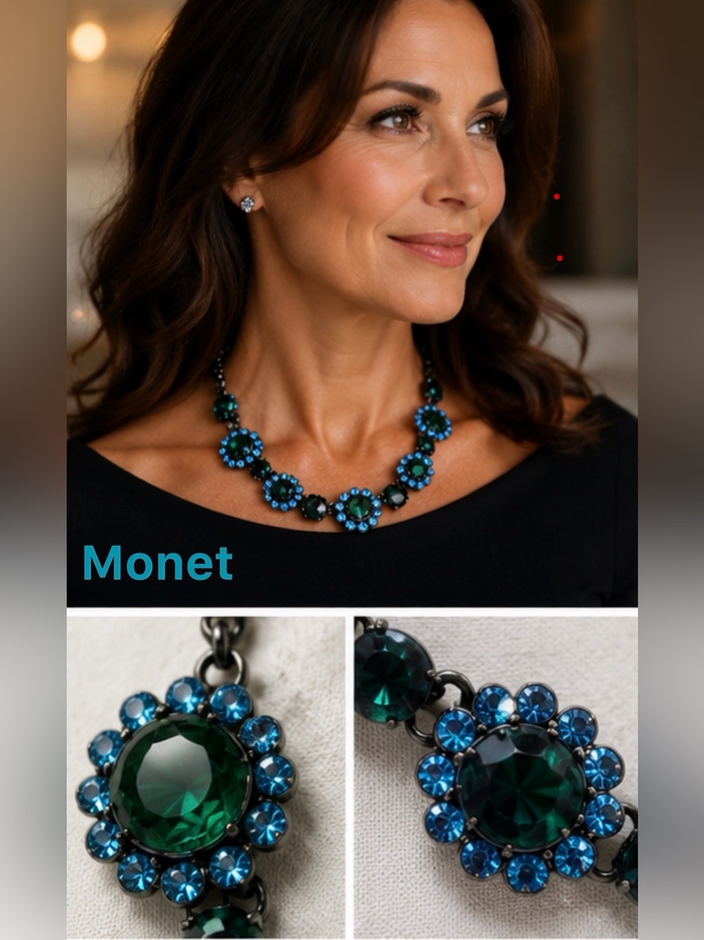 Vintage NWT Monet Green and Aqua Floral Crystal Necklace - Rare Find